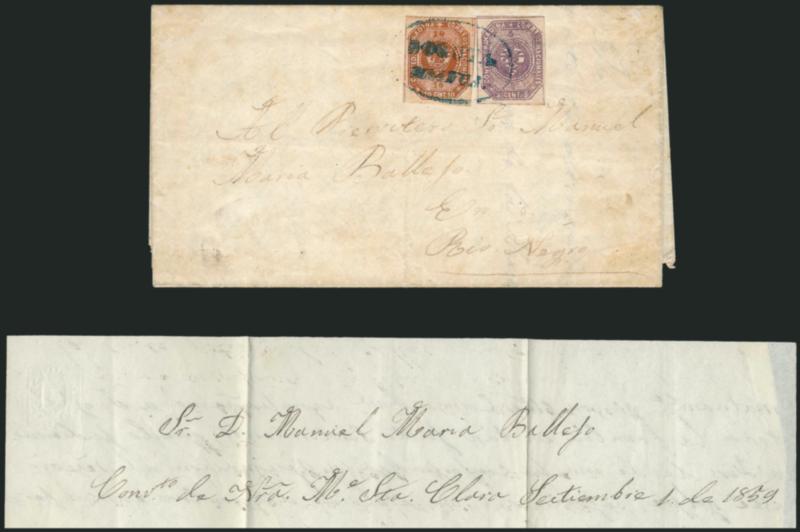 1859, 5c Violet, 10c Red Brown (3, 4).> Each stamp has large margins all around, beautiful early shades, both stamps tied by blue ^BOGOTAFRANCA^ oval handstamp on folded letter to Rio Negro, datelined <<Sr. D.
Manuel Maria Ballejo, Convto. de Nra