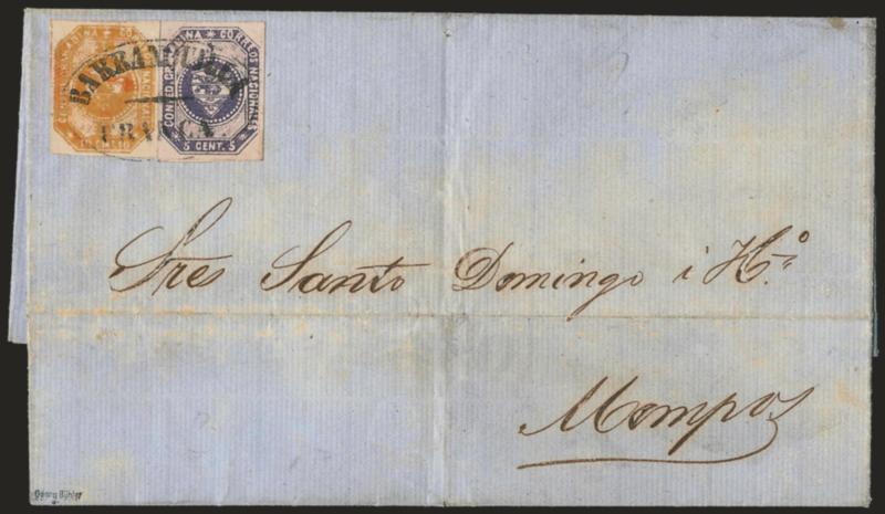 1859, 5c Violet, 10c Red Brown (3, 4).> Both stamps in early shades, large margins, tied by single clear strike of ^BARRANQUILLAFRANCA^ oval handstamp on blue folded letter to Mompos, datelined <September 24,
1859, the first month of issue,> file
