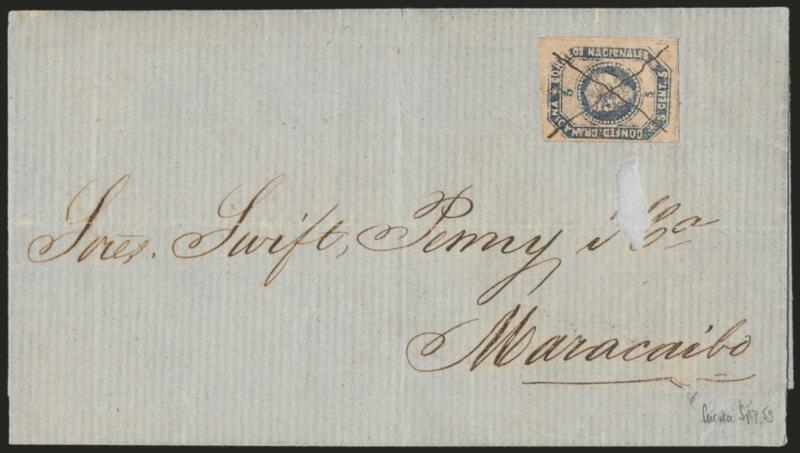 1859, 5c Blue Violet (3c).> Stone A (First Stone), huge margins to clear at left, ms. X cancel, used on folded cover <to Maracaibo, Venezuela,> receipt docketing indicates this originated at Cucuta on <September
7, 1859, the first week of issue,> s