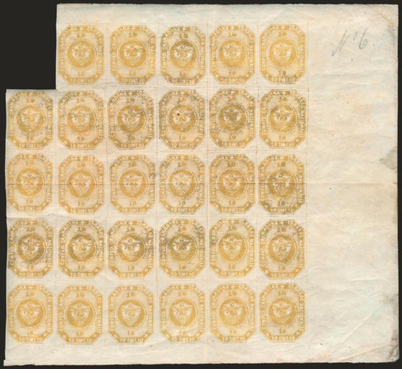 1859, 10c Orange Yellow (4c).> Stone A, Positions 7-11 thru 50-55, block of 29 from the right side with enormous sheet margins, original gum, large margin at left, bright color, slight natural gum creasing,
sharp vertical crease at center, some trans