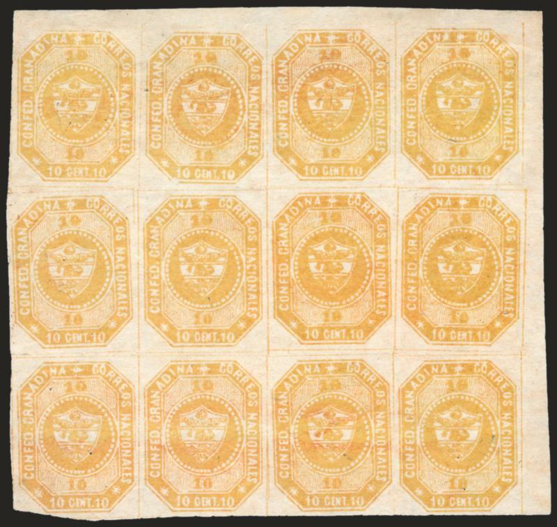 1859, 10c Orange Yellow (4c).> Stone A, Positions 8-11, 19-22, 30-33, block of twelve from top right corner with sheet margins and large margins all around, unused (no gum), beautiful golden shade, negligible
slight creasing<><>^EXTREMELY FINE. A M