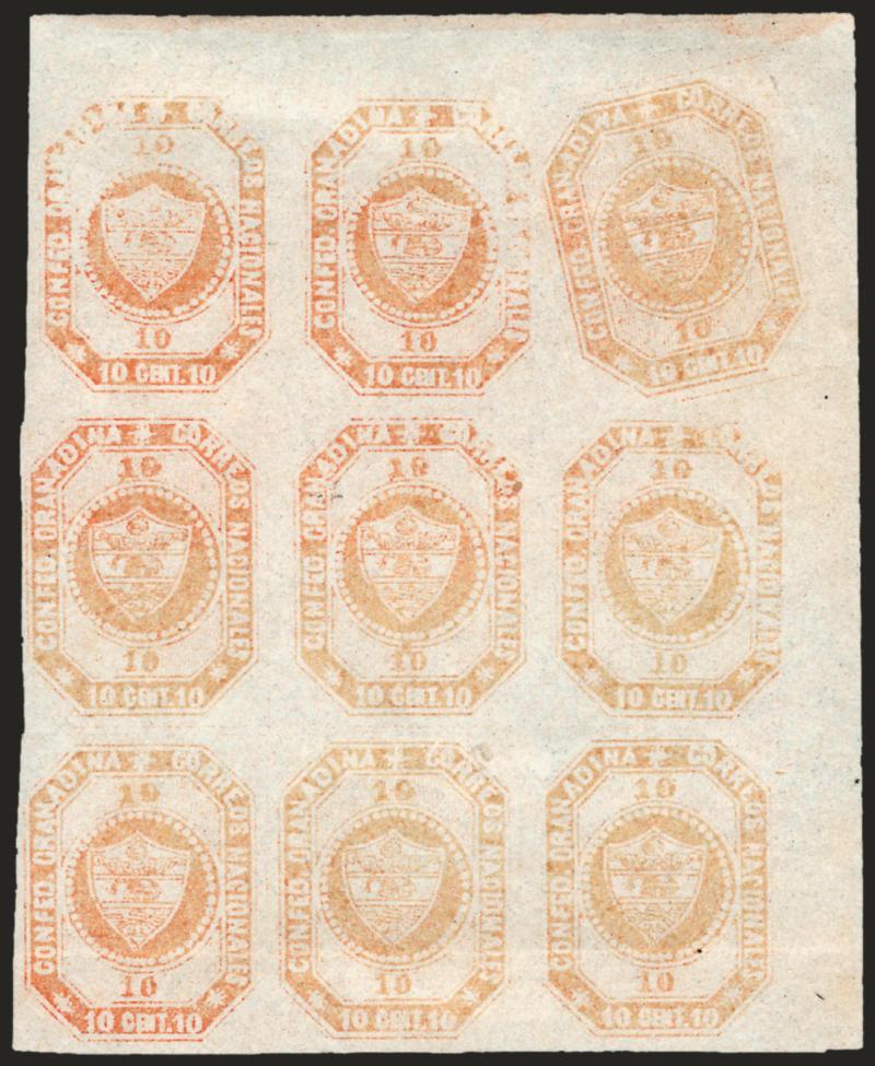 1859, 10c Brown Orange (4d).> Stone B, Positions 9-1120-2231-33, block of nine from the upper right corner showing <tilted transfer in Position 11,> unused (no gum), large margins including corner sheet margins,
usual worn impression, horizontal cr