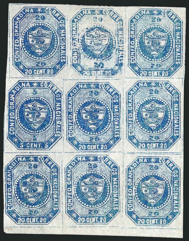 1859, 5c and 20c Blue, Se-Tenant (6b).> Stone A, Positions 24-2635-3746-48, block of nine containing <5c transfer error (Position 35) on plate of 20c, forming a se-tenant multiple with adjoining stamps,>
Position 25 is the <retouched transfer,> ori