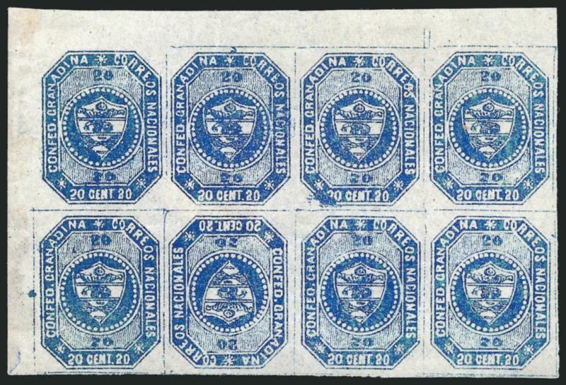 1859, 20c Blue, Tete-Beche (6c).> Stone A, Positions 1-4, 12-15, block of eight with top left corner sheet margins, containing <the inverted transfer, Position 13, forming a tete-beche multiple with adjoining
stamps,> original gum, large margins all