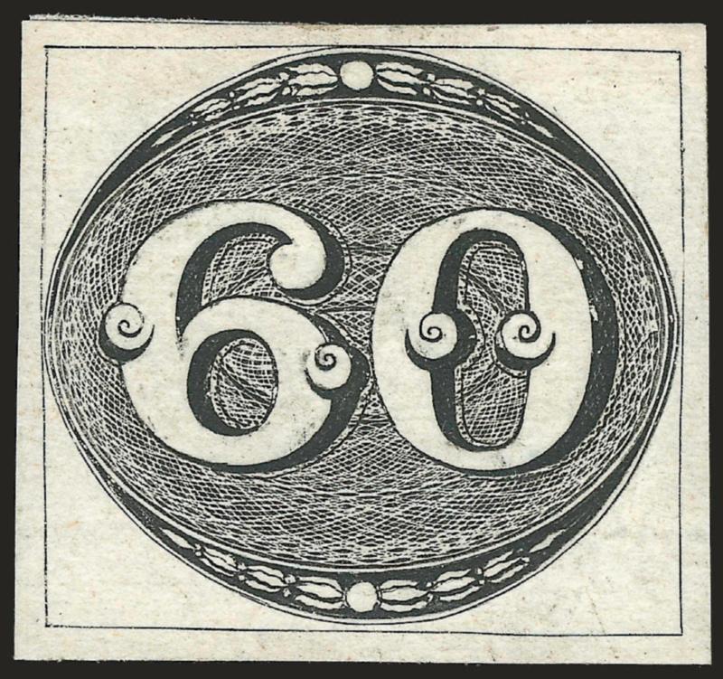 1843, 60r Black, Early Impression (2). Original gum,> h.r., full even margins, deep shade and sharp impression with lathework lines showing clearly, Very Fine and choice original-gum example of the 60r Bulls Eye,
Meyer Euros 1,500