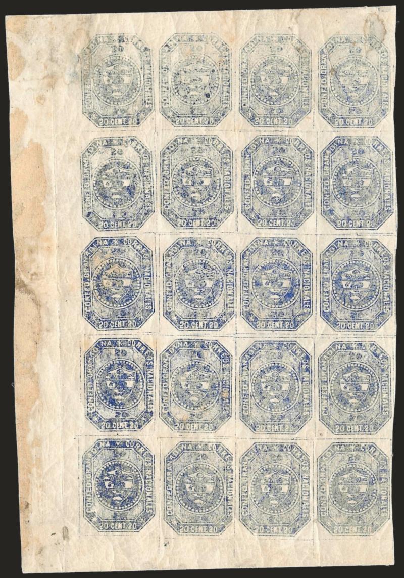 1859, 20c Gray Blue (6a).> Stone B, Positions 1-4 thru 45-48, left sheet margin block of 20, original gum, distinctive Gray Blue shade, some creases and thins around perimeter<><>^VERY FINE APPEARANCE. A RARE
UNUSED MULTIPLE OF THE 20-CENTAVOS IN T