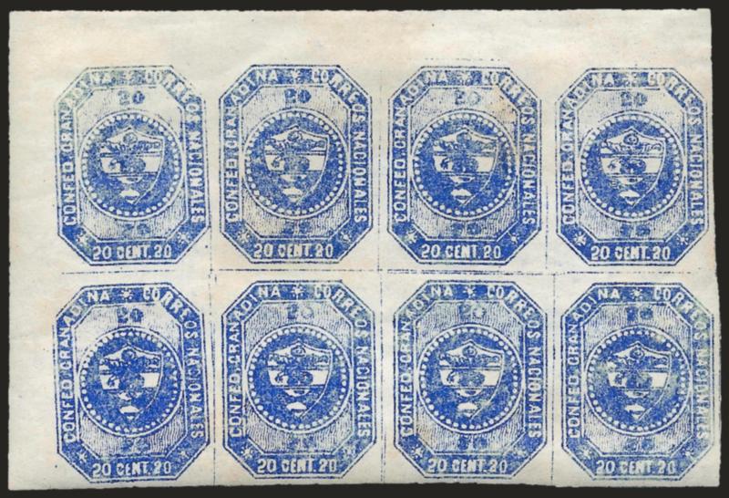 1859, 20c Blue (6).> Stone B, Positions 1-412-15, top left corner sheet margin block, large margins all around, original gum, bright and fresh, Extremely Fine, this block comes from the same positions on Stone B
as the tete-beche block of eight from