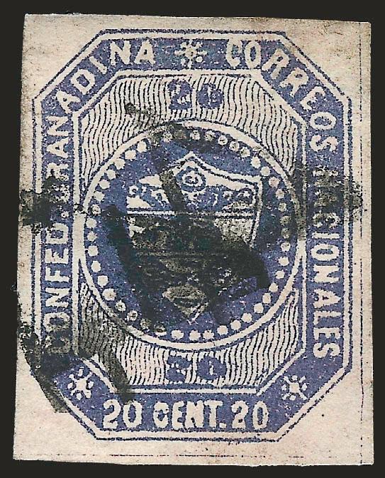 1859, 20c Violet (6 var).> A remarkable shade, which is unlike any other 20c shade seen by Islander, closely matching some of the early printings of the 5c in reddish or purplish Violet, large margins, numeral 4
cancel struck twice, Extremely Fine,