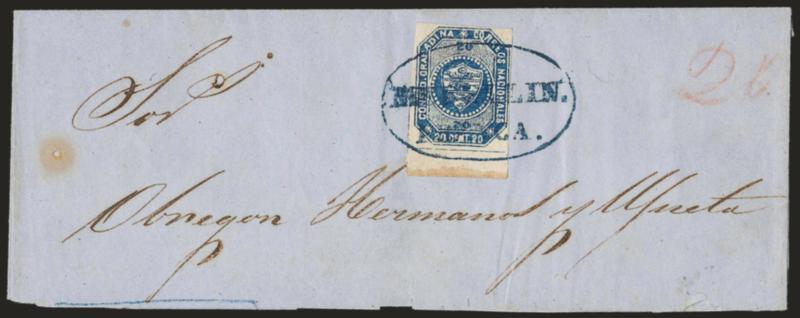 1859, 20c Blue (6).> Stone A, ample to large margins including bottom sheet margin, beautiful deep shade, tied by blue ^MEDELLINFRANCA^ oval handstamp on upper half of folded cover with addressees name, gum
soaks at edge of sheet margin, Extremel