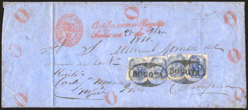 1859, 20c Blue (6).> Four singles, mostly full to large margins except lefthand stamp touched, end stamp at right has slight vertical crease, varying impressions in a deep shade, tied by two perfect strikes of
^BOGOTA^ framed handstamp on blue lega
