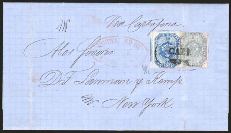 1859, 5c Slate, 20c Blue (3e, 6).> 5c Stone A, large margins to touched at top, 20c large to huge margins, both stamps tied by ^CALI^ oval handstamp on blue quadrille-paper folded letter to Lanman & Kemp in <New
York City,> datelined April 11, 1860