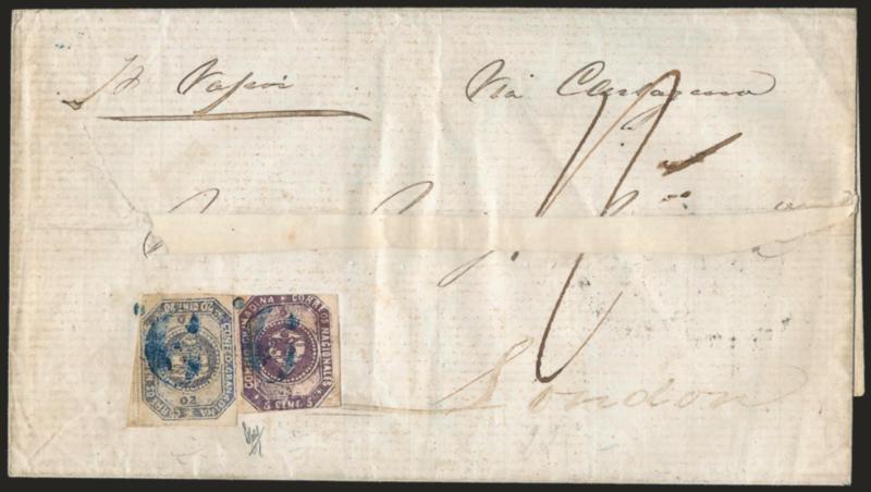 1859, 5c Violet, 20c Gray Blue (3, 6a).> 5c from Stone A in a deep reddish Violet shade, slightly cut in, 20c early shade and impression, large margins, each cancelled by matching 6 blue numeral handstamp (20c
tied) on folded cover <to London, Engl