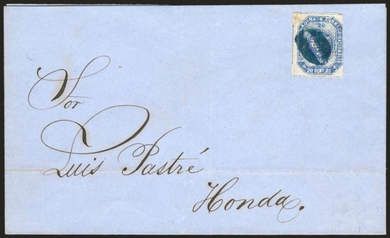 1859, 20c Blue (6).> Stone A, three large margins, barely in at right, cancelled by bold blue 0 numeral handstamp (tied by impression thru paper) on blue folded cover to Honda, receipt docketing <<Santamarta
Mayo 26 de 1860,>> small gum soak in s