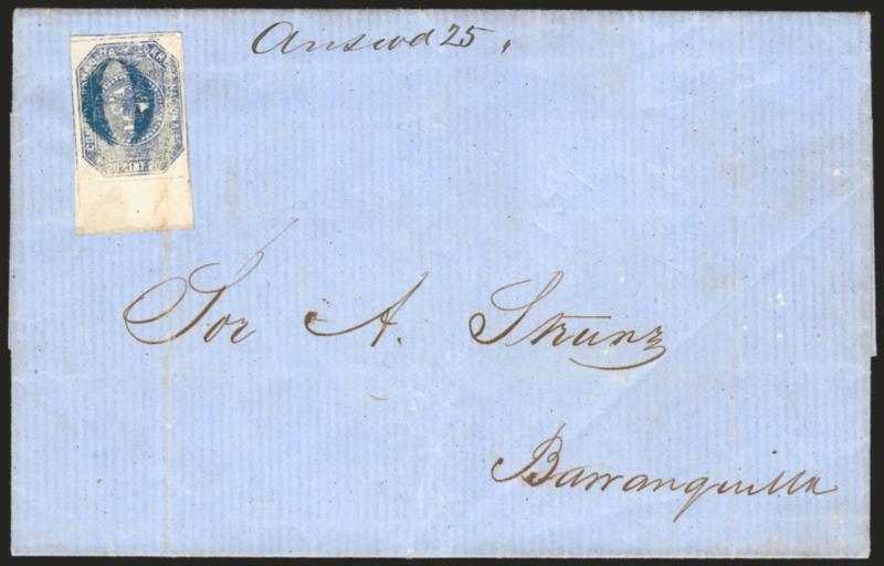 1859, 20c Gray Blue (6a).> Stone B, large margins including huge bottom sheet margin, cancelled by blue 0 numeral handstamp on blue folded letter to Barranquilla, datelined <<Honda 14 de Oct. de 1859,>> file
fold thru stamp has been pressed out,