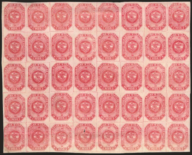 1859, 1p Carmine (7).> Positions 51-58 thru 91-98, block of 40, unused (no gum), large margins all around, rich color, bright and fresh, top and bottom rows creased, small hole in one stamp at bottom<><>^VERY
FINE. A SPECTACULAR AND IMPORTANT LARGE
