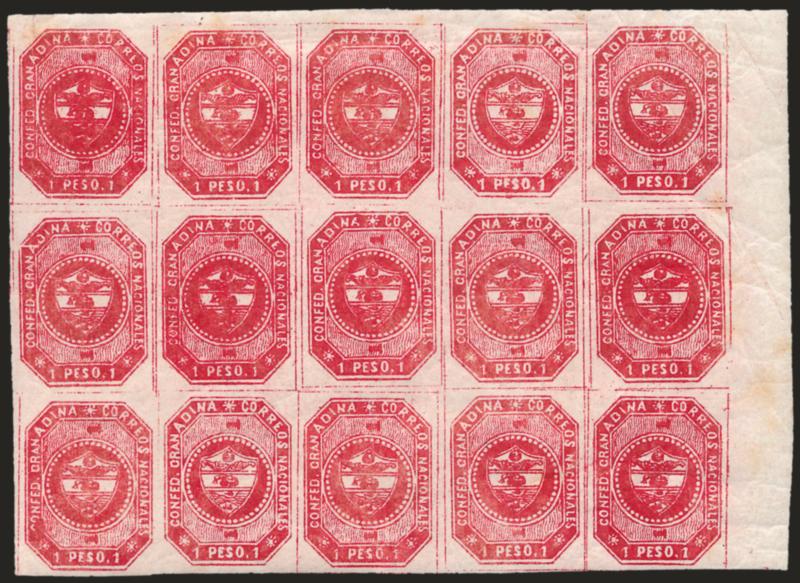 1859, 1p Carmine (7).> Positions 6-1016-2026-30, block of 15 with top right corner sheet margins, original gum, large margins all around, beautiful deep rich color on bright fresh paper, usual slight creasing
caused by gum, a few faint toned spots