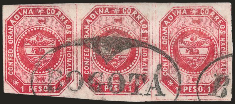 1859, 1p Carmine (7).> Horizontal strip of three, large margins to just barely in at bottom left, cancelled by ^BOGOTA^ framed oval, rich color, slight diagonal bend or crease<><>^VERY FINE APPEARANCE. THIS IS
THE ONLY USED MULTIPLE OF THE ONE-PE