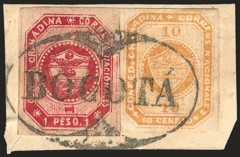 1859, 1p Carmine (7).> Huge even margins, used with 1860 10c Yellow Buff (11), ample to large margins, tied by ^BOGOTA^ framed oval on piece, Extremely Fine, the 1p is much scarcer in used condition, and the
only cover known is offered in the follo