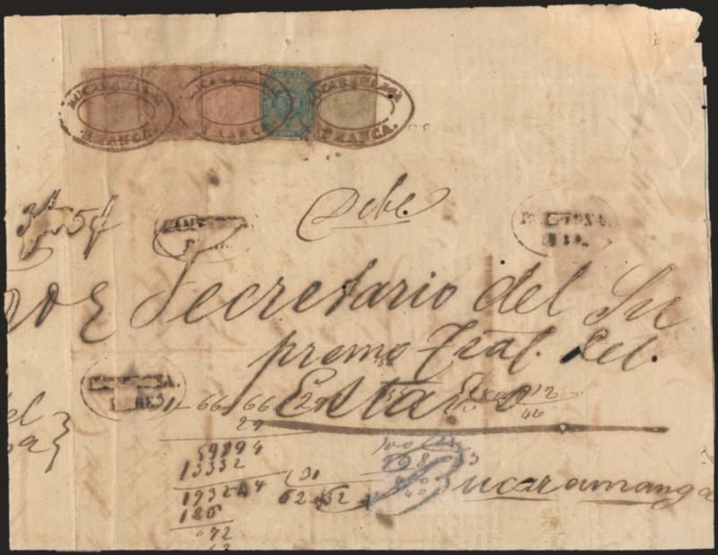 1859, 1p Carmine (7).> Three singles used with <1859 2-12c Green and 5c Blue (1, 2),> tied on arrival by bold strikes of ^BUCARAMANGAFRANCA^ double-oval handstamp on large folded judicial wrapper from Pamplona
to Bucaramanga court house, ^PAMPLO