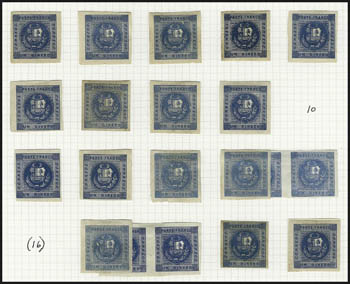 1858, 1d Blue, Reconstruction of the Bloc Report (3, shades).> Sixteen singles and two pairs, <all unused,> three have original gum, others no gum, full to large margins, a few with usual minor thins, Very
Fine-Extremely Fine or similar appearance, t