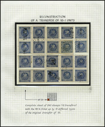 1858, 1d Blue, Study Collection (3, shades).> 65 stamps selected for lithographic transfer varieties (flaws, substituted transfers, etc.), includes one <<bloc report>> reconstruction from the Rider collection
(all used, on his original page with diag