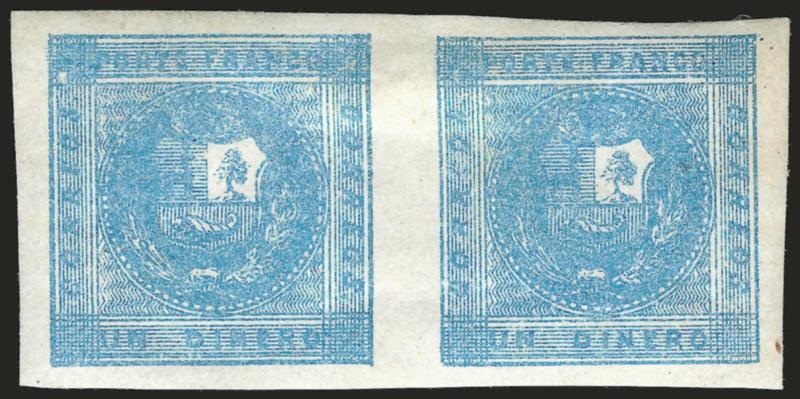 1858, 1d Light Blue (3).> Types 2-3, horizontal pair, original gum, large margins all around, beautiful bright shade and very fresh, Extremely Fine, no unused multiples of the One-dinero larger than a pair are
known, this is believed to be the finest