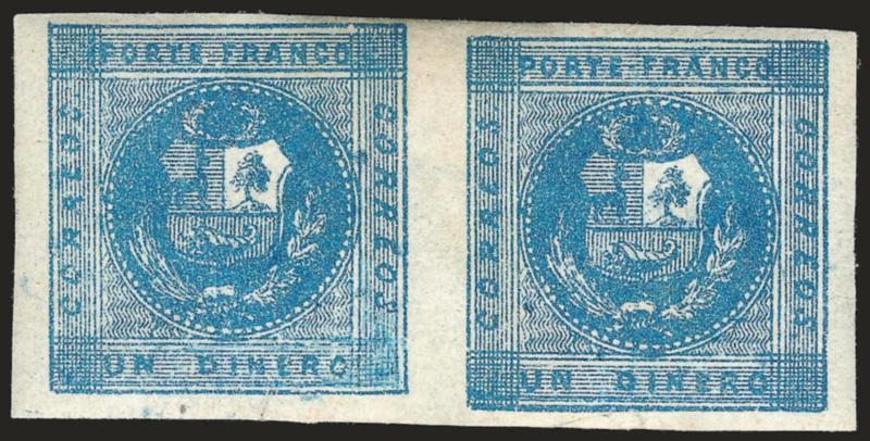 1858, 1d Blue (3).> Types 20-15 (Type 15 in Position 16), horizontal pair, original gum, full to large margins all around, deep shade and very fresh, small thin, Very Fine appearance, no unused multiples of the
One-dinero larger than a pair are known
