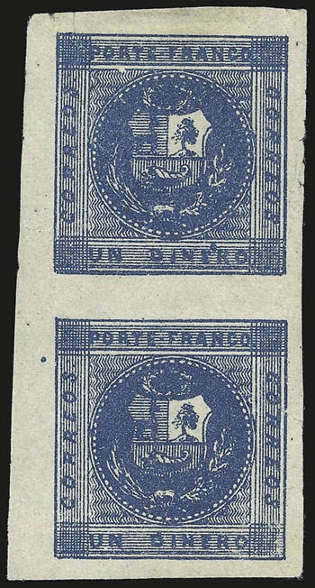 1858, 1d Blue (3).> Three unused vertical pairs (no gum), Types 1217, 1419 and 1520, one has large margins all around, others large to touched, small faults, Fine-Very Fine appearance, no unused multiples of
the One-dinero larger than a pair are k