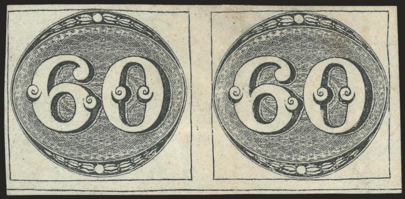 1843, 60r Black, Intermediate Impression (2).> 1st Composite Plate, State C, Positions 15-16, horizontal pair, unused (no gum), ample to large margins showing outer frameline at bottom, small repair in top
margin, slight crease at right, Very Fine ap