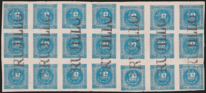 1858, 1d Deep Blue (3).> Block of 21, Types as follows: First Row 17-18-19-20-10-17-18, Second Row 2-3-4-5-1-2-3, Third Row 7-8-9-10-6-7-8 (Type 10 in Position 16), large margins, deep shade, cancelled by seven
neat strikes of ^TRUJILLO^ straightli