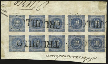 1858, 1d Blue (3).> Horizontal block of ten, Types 6-1011-15, margins close but clear almost all around, tied by ^TRUJ^ dotted oval and additional ^TRUJILLO^ straightline on piece of judicial wrapper to Otusco,
very faint toning<><>^VERY FINE.