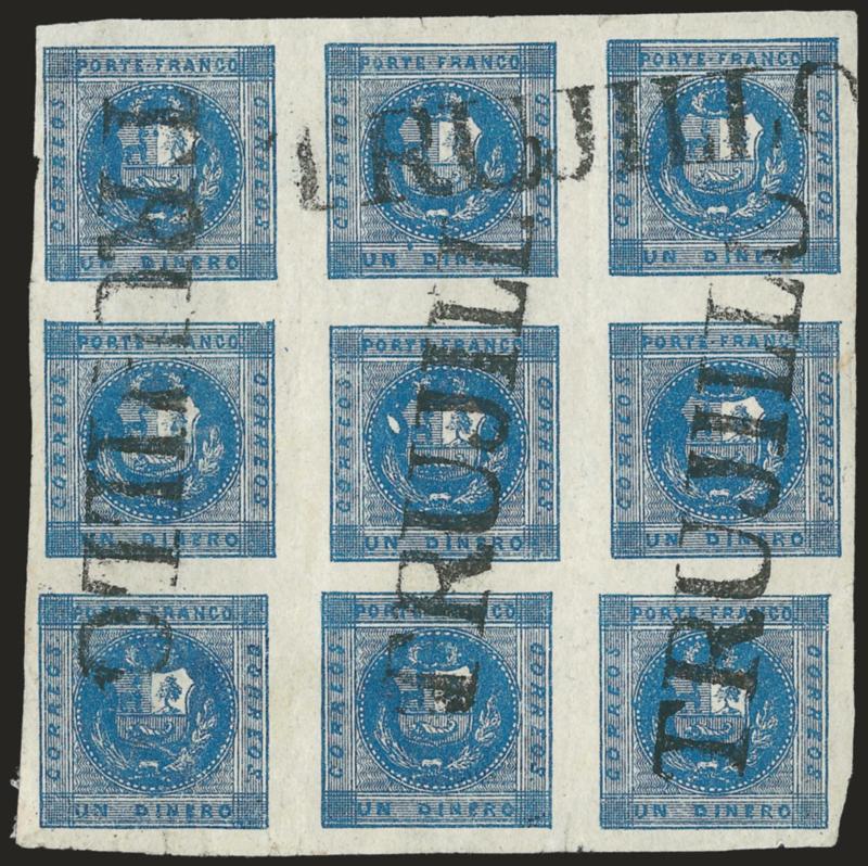 1858, 1d Deep Blue (3).> Block of nine, Types 11-12-136-17-181-2-3 (Type 6 in Position 16), large margins, deep shade, four strikes of ^TRUJILLO^ straightline, couple creases and small faults<><>^VERY FINE
APPEARANCE. ONE OF THE LARGER BLOCKS K