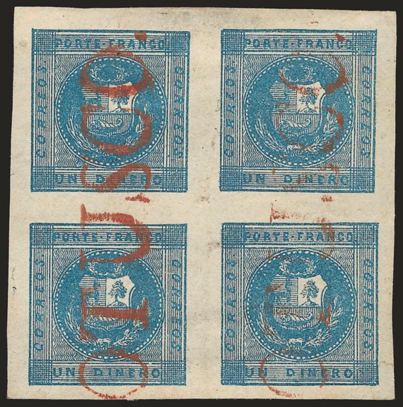 1858, 1d Blue (3).> Block of four, Types 7-812-13, huge margins all around, two clear strikes of red <^OTUSCO^ straightline, shallow thins, Extremely Fine appearance, a beautiful and very scarce block