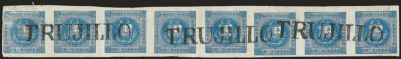 1858, 1d Deep Blue (3).> Horizontal strip of eight, Types 11-12-13-14-15-11-12-13, large margins, three clear strikes of ^TRUJILLO^ straightline, a few sealed tears, creases and other minor flaws<><>^VERY FINE
APPEARANCE. THIS IS THE LARGEST RECO