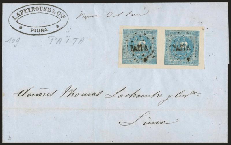 1858, 1d Light Blue (3).> Horizontal pair, Types 11-17 (Type 11 in Position 16), huge margins, cancelled by ^PAITA^ dotted oval on blue folded cover to Lima, senders oval handstamp, originated in Piura and
docketed Jun. 5, 1858, Extremely Fine