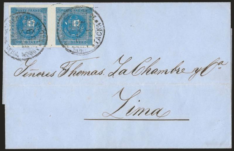 1858, 1d Deep Blue (3).> Horizontal pair, Types 3-17 (Type 3 in Position 16), full to large margins, tied by lightly struck Tacna circular datestamp on blue folded cover to Lima, docketed with Feb. 20, 1859
origin date, Extremely Fine, a beautiful co