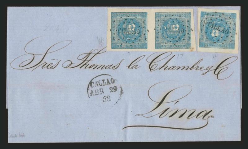 1858, 1d Light Blue (3).> Horizontal pair, Types 7-17 (Type 7 in Position 16), and single, large margins, cancelled by ^CALLAO^ dotted oval, Callao Abr 29 58 circular datestamp on blue folded cover to Lima,
Extremely Fine, signed Holcombe