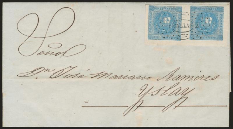 1858, 1d Light Blue (3).> Horizontal pair, Types 1-1, <substituted Type 1 transfer for Position 2 or 5,> large to huge margins, bright shade, cancelled by ^1CALLAO2^ dotted oval on Jun. 13, 1858 greenish folded
cover to Yslay, Extremely Fine, ver