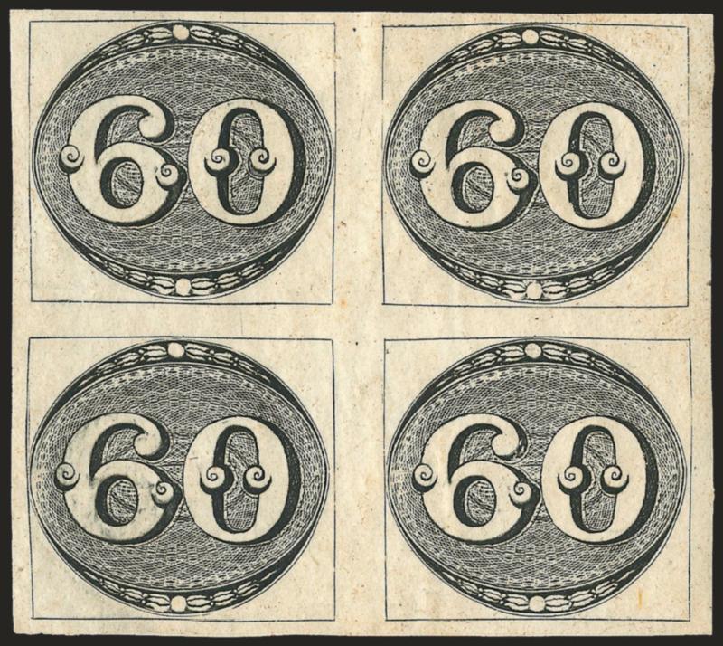 1843, 60r Black, Intermediate Impression (2).> Block of four, <original gum,> lower left stamp matches Napier 1st Large Plate, State B, Position 57, but others in block do not correspond to Napiers plating, large
margins, sharp impression with lines