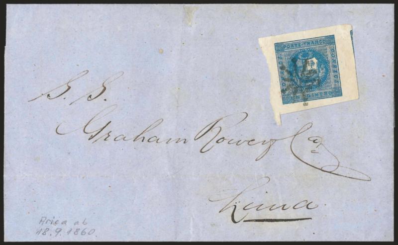 1858, 1d Blue (3).> Enormous margins all around, cancelled by circle of rays on blue folded cover from Arica to Lima, docketed with Sep. 18, 1860 origin date, Extremely Fine, a striking stamp and cover