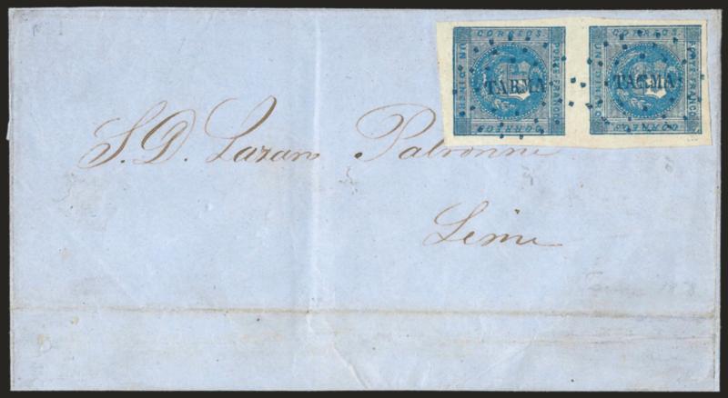 1858, 1d Blue (3).> Vertical pair, Types 1015, large margins, cancelled by blue ^TARMA^ dotted oval on blue folded cover to Lima, docketed with Jul. 12, 1858 origin date, lightly toned file fold, Extremely Fine,
ex Rider