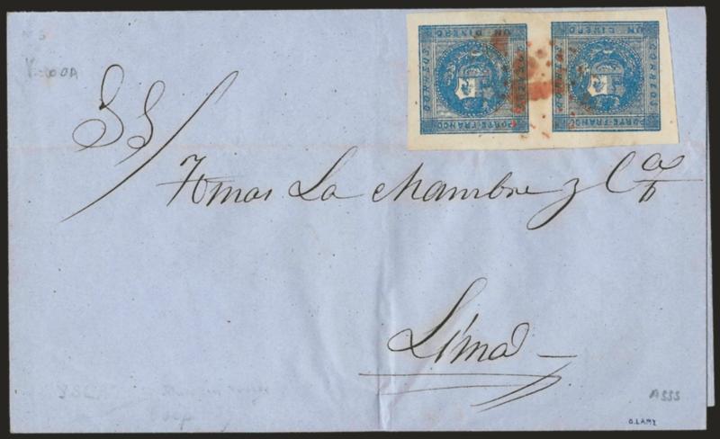 1858, 1d Blue (3).> Horizontal pair, Types 8-9, huge margins, cancelled by blurry red ^YSLAI^ dotted oval on blue folded cover to Lima, docketed with Sep. 6, 1859 origin date, Extremely Fine