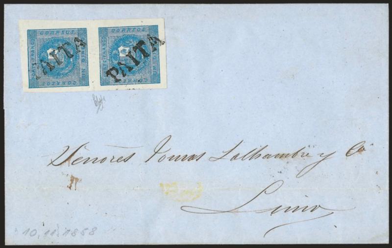 1858, 1d Blue (3).> Vertical pair, Types 712, large margins, beautiful color, cancelled by two strikes of ^PAITO^ straightline on blue folded cover to Lima, docketed with Nov. 5, 1858 origin date, Extremely
Fine, signed Holcombe