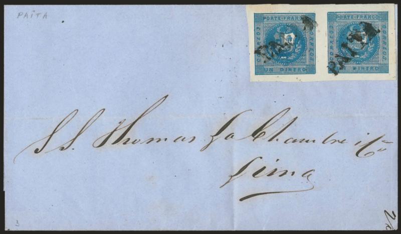 1858, 1d Deep Blue (3).> Horizontal pair, Types 7-8, huge margins, intense color, cancelled by two strikes of ^PAITO^ straightline on blue folded cover to Lima, docketed with May 19, 1858 origin date, Extremely
Fine