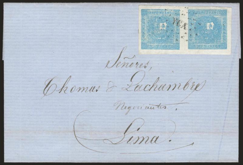 1858, 1d Light Blue (3).> Horizontal pair, Types 8-9, large margins, cancelled by ^YCA^ dotted oval on blue folded cover to Lima, docketed with Dec. 22, 1859 origin date, Extremely Fine