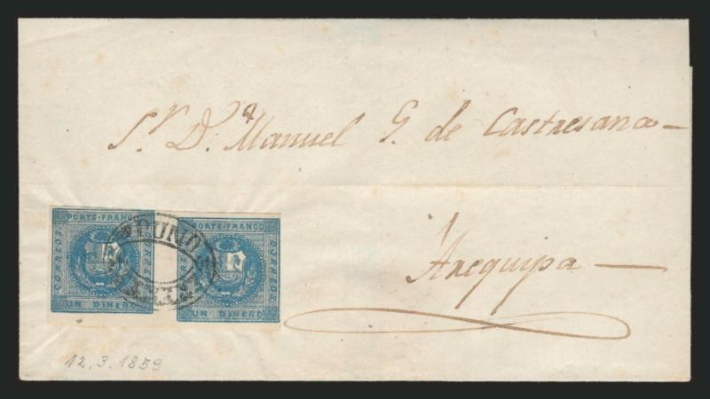 1858, 1d Blue (3).> Horizontal pair, Types 15-11, large margins to clear at right, cancelled by <^PUNO^ oval and negative stars> on folded cover to Arequipa, docketed with Mar. 12, 1859 origin date, Very
Fine