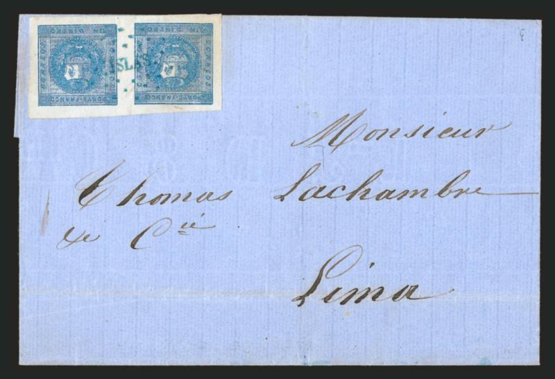 1858, 1d Blue (3).> Horizontal pair, Types 8-9, huge margins, bright color, cancelled by clear strike of blue <^C.ISLAS^ Chinca Island> dotted oval on blue folded cover to Lima, docketed with Jul. 24, 1858
origin date, slight creasing in pair, othe