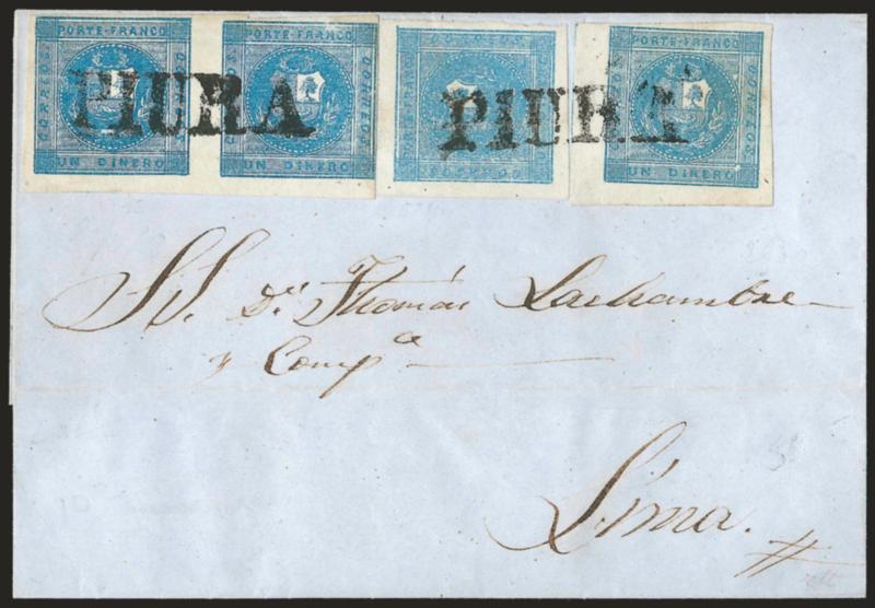 1858, 1d Blue (3).> Horizontal pair and two singles, mostly large margins, ample at top, tied by ^PIURA^ straightline on blue folded cover to Lima, docketed with Dec. 20, 1858 origin date, one stamp has tiny
shallow scrape at top, otherwise Very Fi