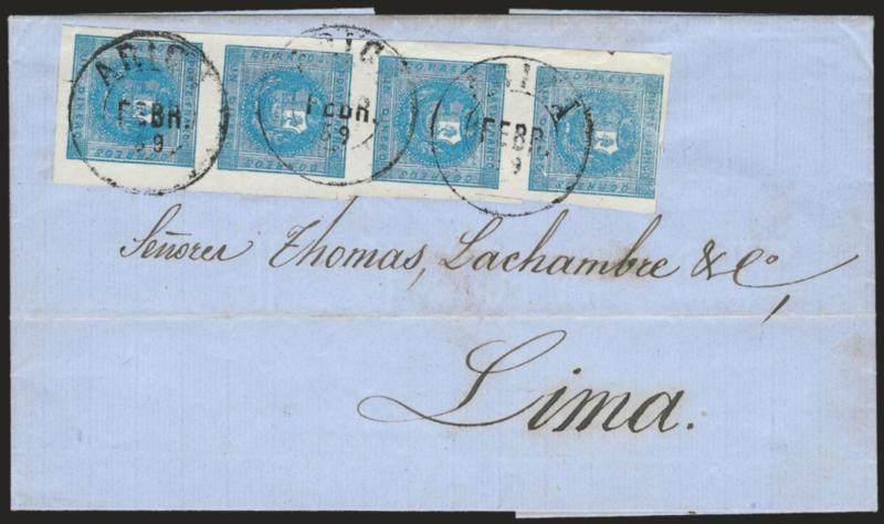 1858, 1d Blue (3).> Vertical strip of four, the entire vertical row comprising Types 491419, large to huge margins except close at top, bright shade, tied by Arica Vapor Febr. 59 double-circle datestamp on blue
folded letter to Lima, file fold,