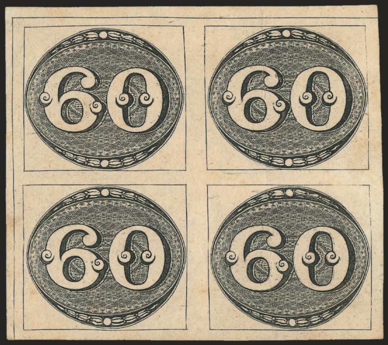 1843, 60r Black, Early Impression (2).> 1st Composite Plate, State B, Positions 1-27-8, block of four, unused (no gum), huge margins all around showing complete outer framelines at top and left, faint vertical
crease in right pair and horizontal cre